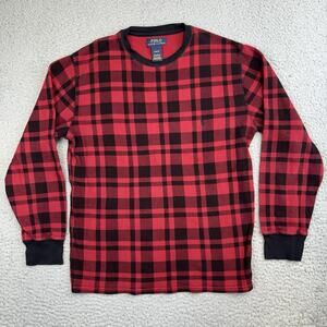 Polo Ralph Lauren Men's Medium Waffle Knit Thermal Shirt Buffalo Plaid Red Black
